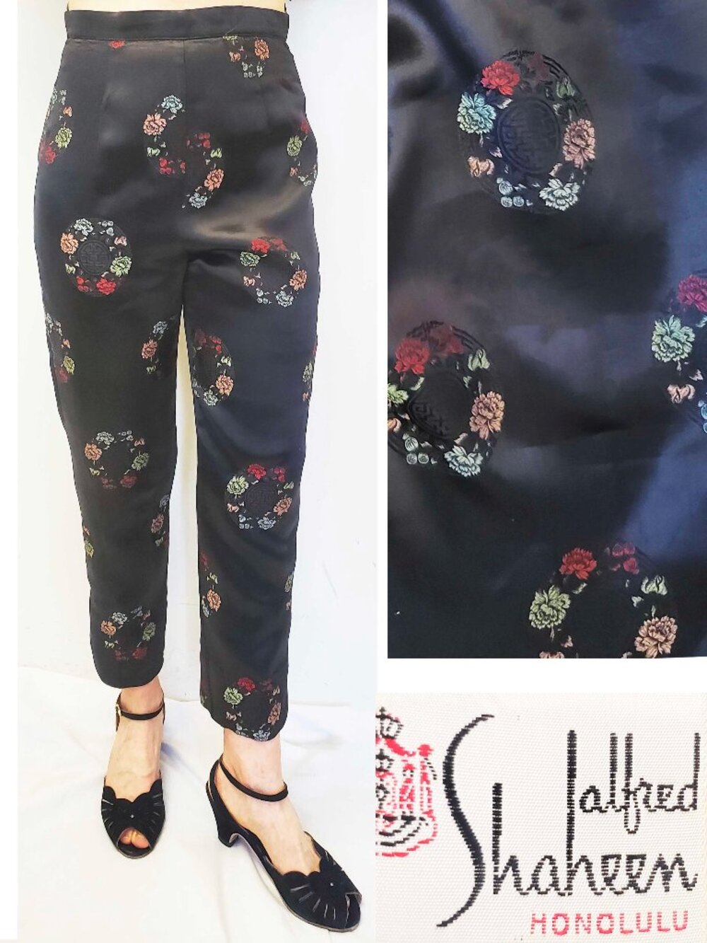 Vintage Alfred Shaheen Women's Black Satin Asian Cheongsam-style Capri Pants